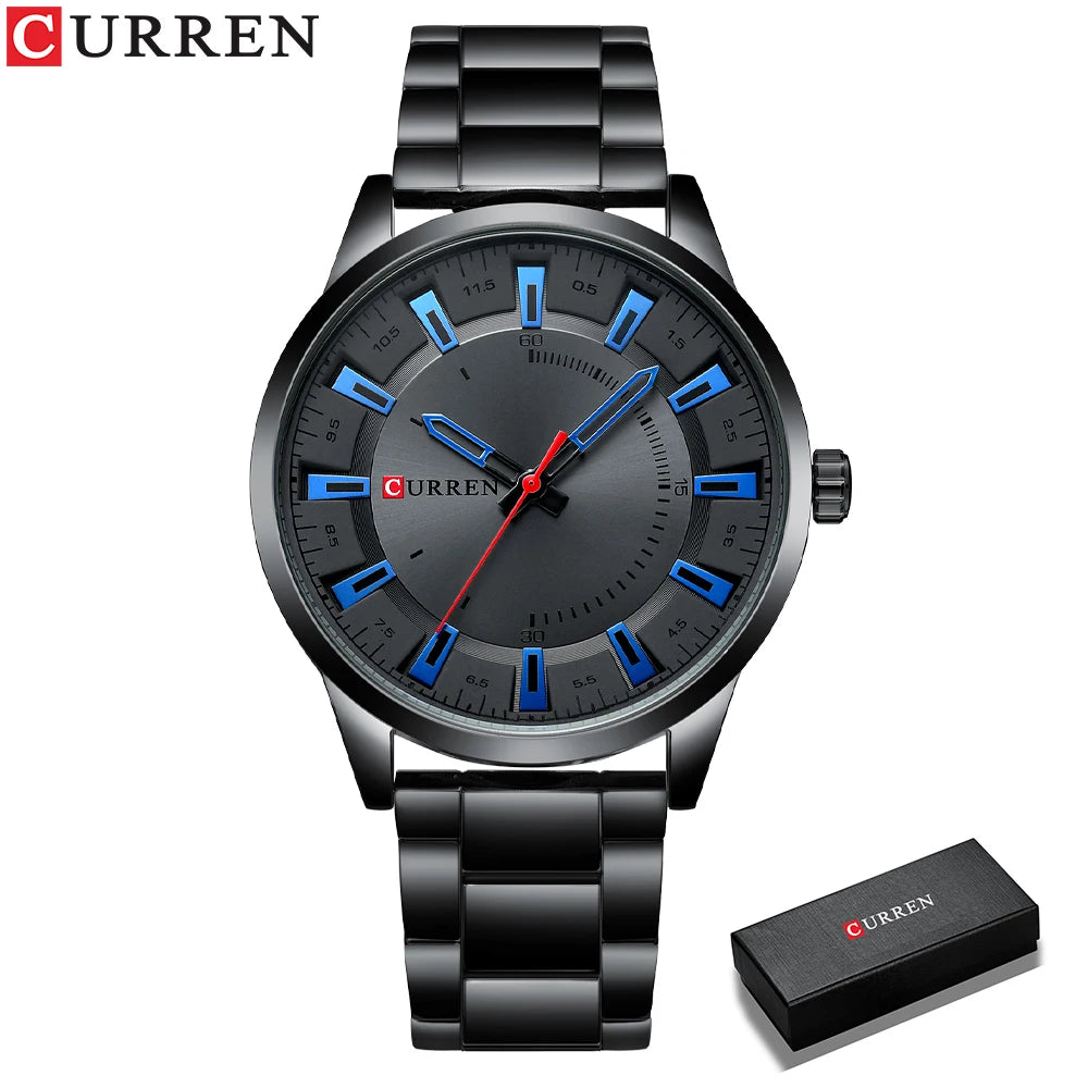 Black wristwatch with blue accents and red second hand, featuring Curren branding, on a white background.