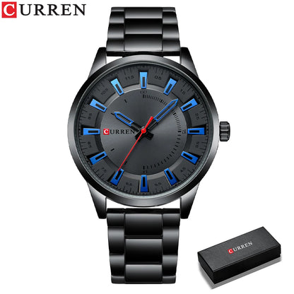 Black wristwatch with blue accents and red second hand, featuring Curren branding, on a white background.