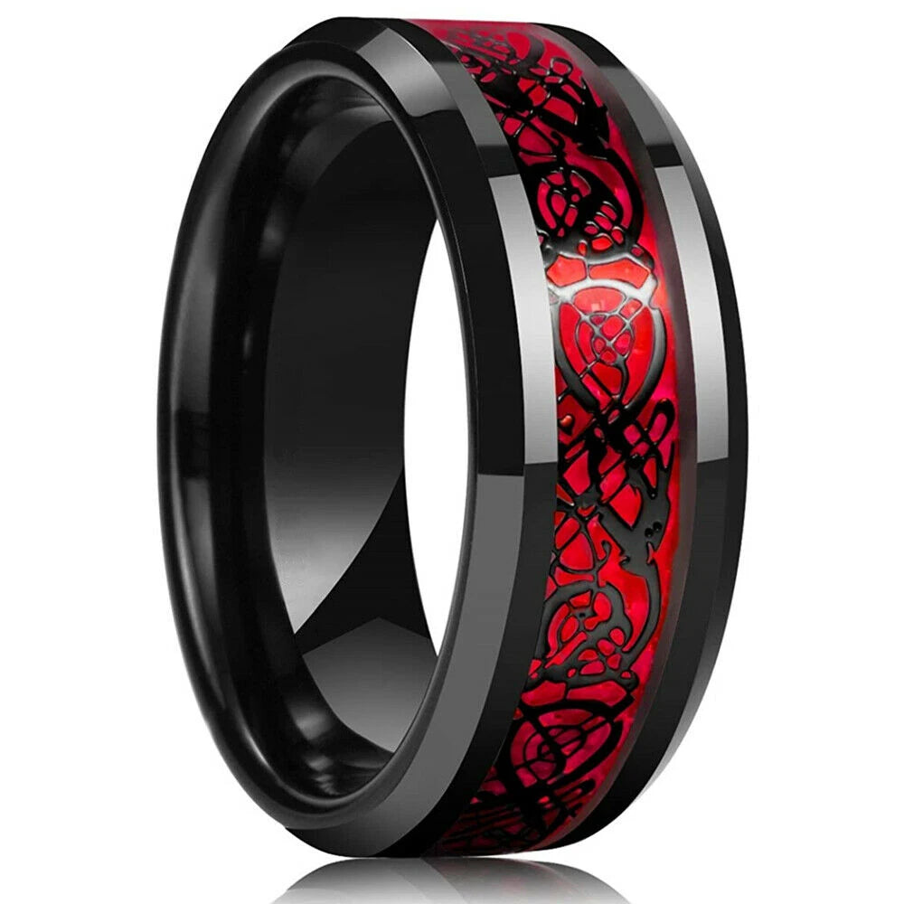 Black ring with red and black dragon design on a white background