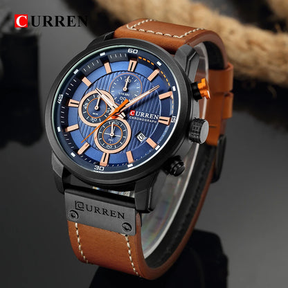 Curren watch with brown leather strap and blue dial on a dark background