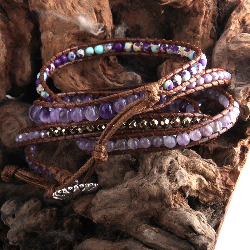 Multicolored beaded bracelet on a textured wooden surface