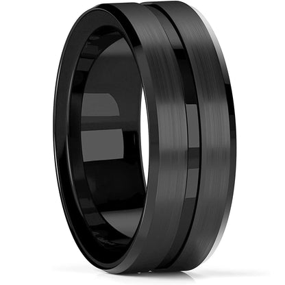 Black tungsten wedding band with brushed finish on a white background