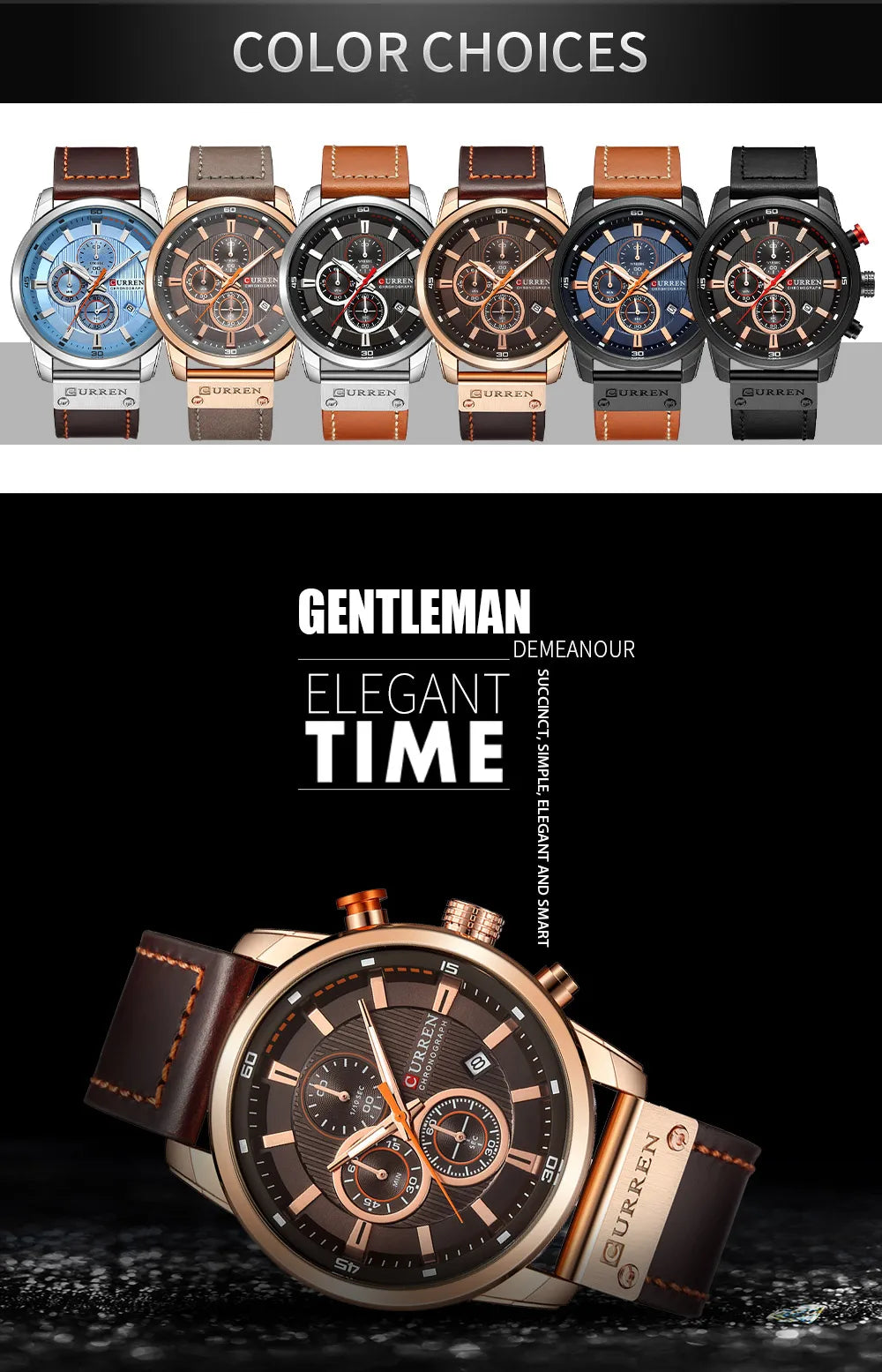Collection of men's watches with color options and brand name on a dark background