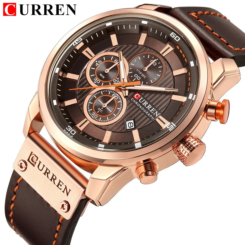 Curren watch with brown leather strap and rose gold case on white background