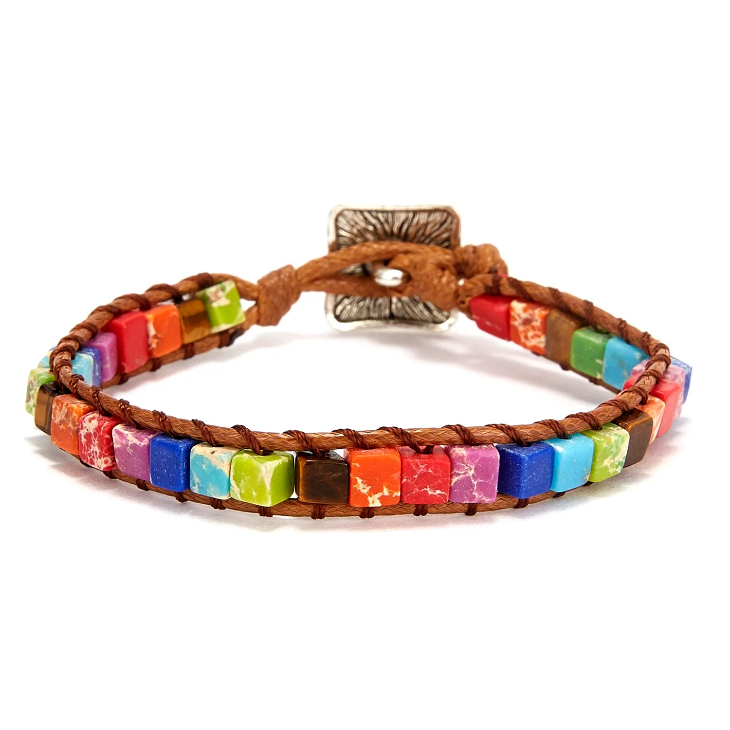 Multicolored beaded bracelet with brown braided strap on a white background
