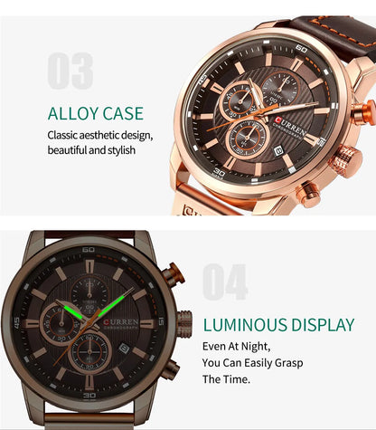 Curren watch with alloy case and luminous display on a white background