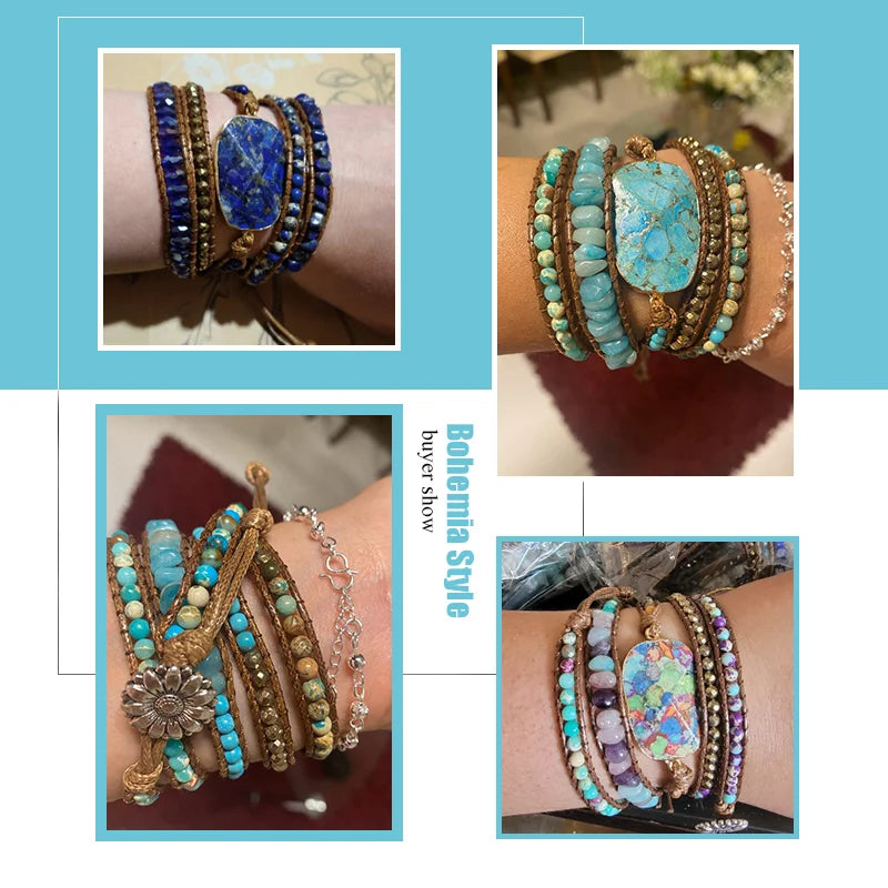 Collage of multiple bracelets on wrists with a 'Bohemia Style' label.