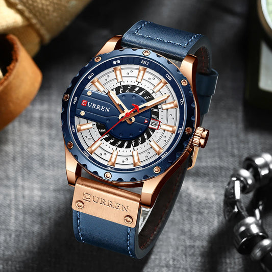 Curren watch with blue strap and rose gold accents on a dark background