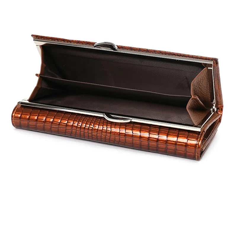 Brown textured clutch bag on a white background