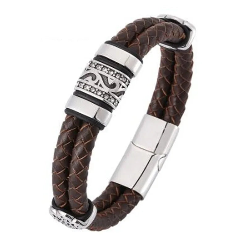 Brown braided leather bracelet with silver clasp on a white background