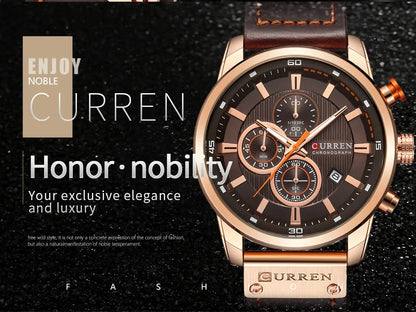 Curren watch with brown leather strap and rose gold case on a dark background
