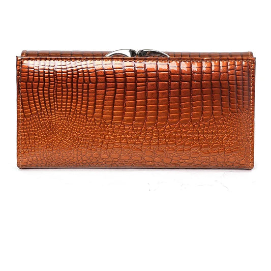 Brown crocodile-textured clutch bag on a white background