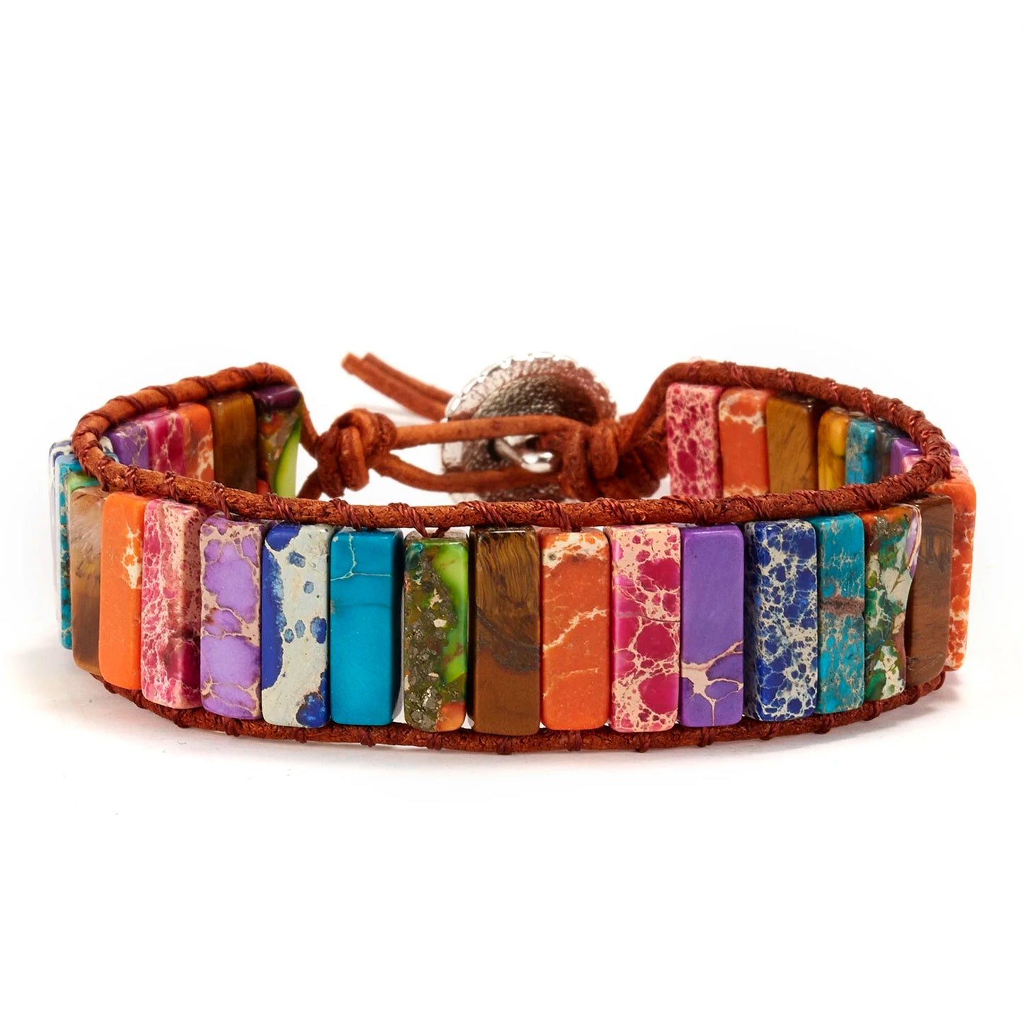 Multicolored stone bracelet with brown leather strap on a white background