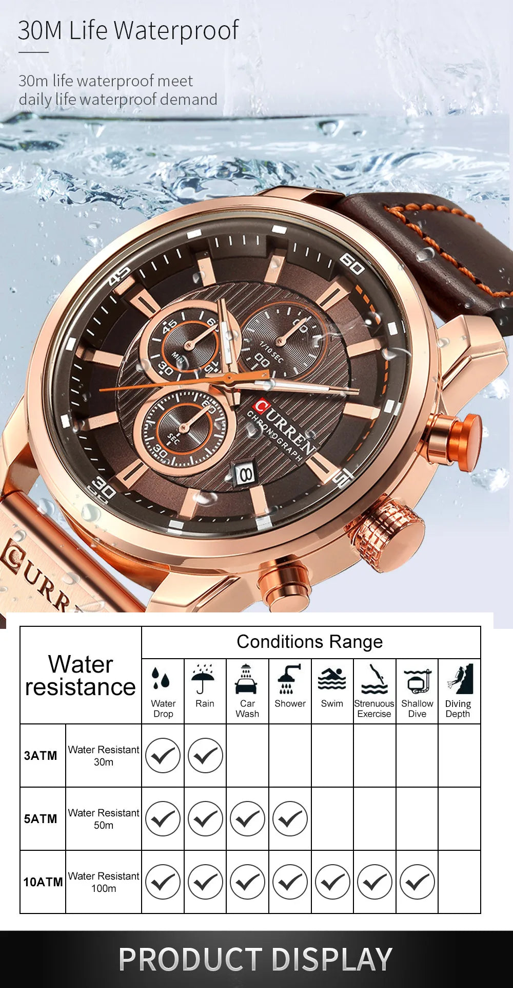 Luxury watch with rose gold case and brown dial, water resistance chart displayed.