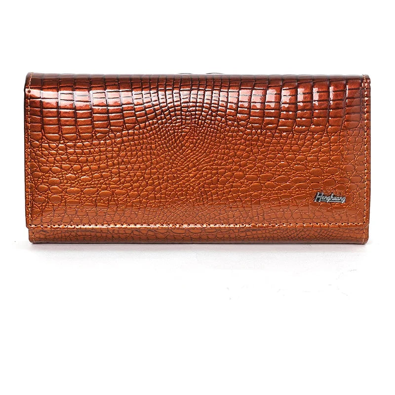 Brown textured wallet with a visible brand logo on a white background