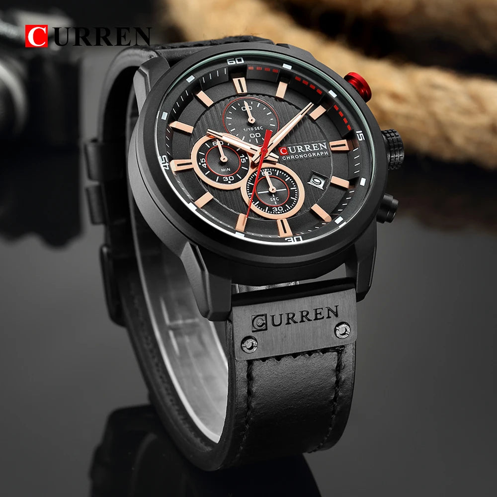 Black Curren watch with detailed face on a dark background