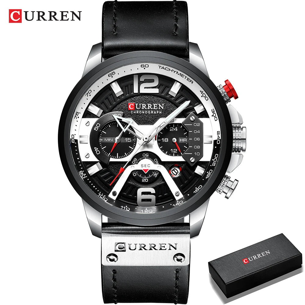 Curren watch with black leather strap and detailed face on a white background