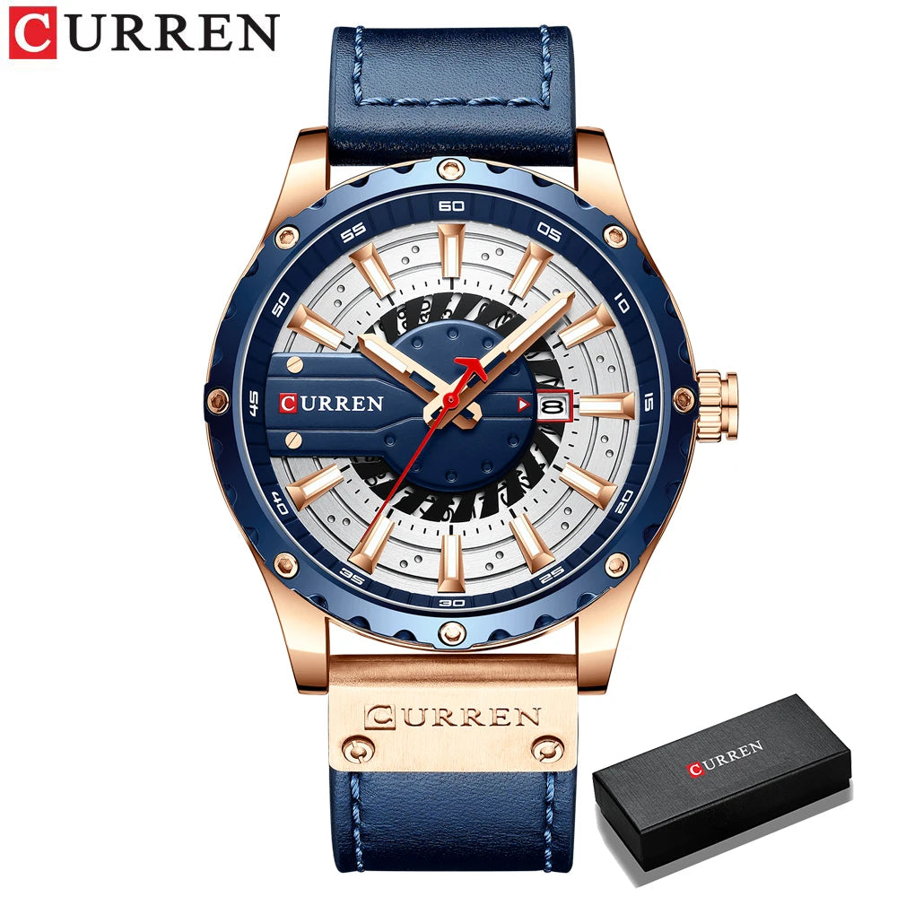 Curren watch with blue strap and rose gold accents on a white background