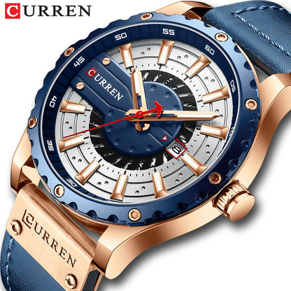 Curren watch with blue and rose gold design on a white background