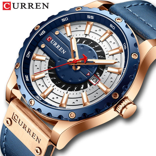 Curren watch with blue and rose gold design on a white background
