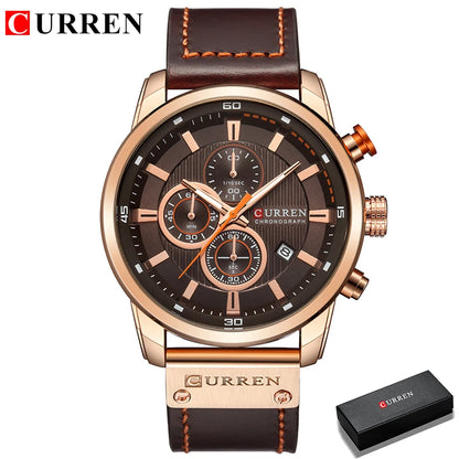 Curren watch with brown leather strap and rose gold casing on a white background