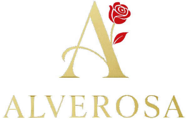 Logo of ALVEROSA with a stylized letter 'A' and a rose on a white background
