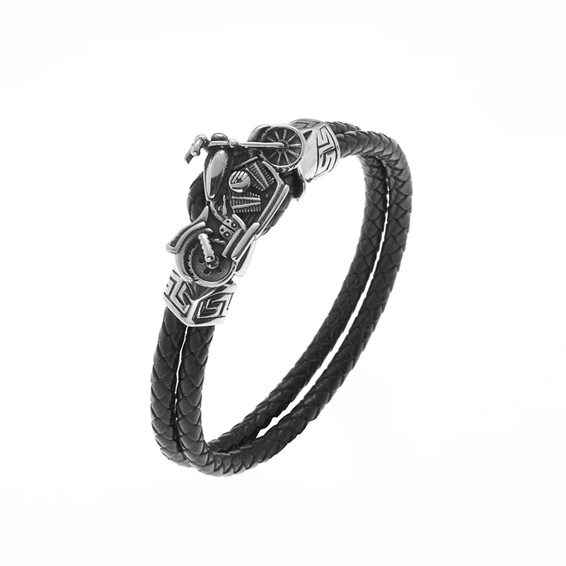 Black leather bracelet with silver clasp on a white background