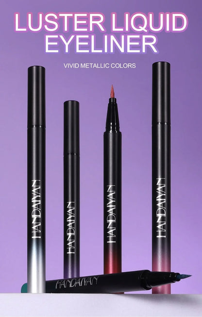 Handayan eyeliner products on a purple background with text about luster liquid eyeliner.