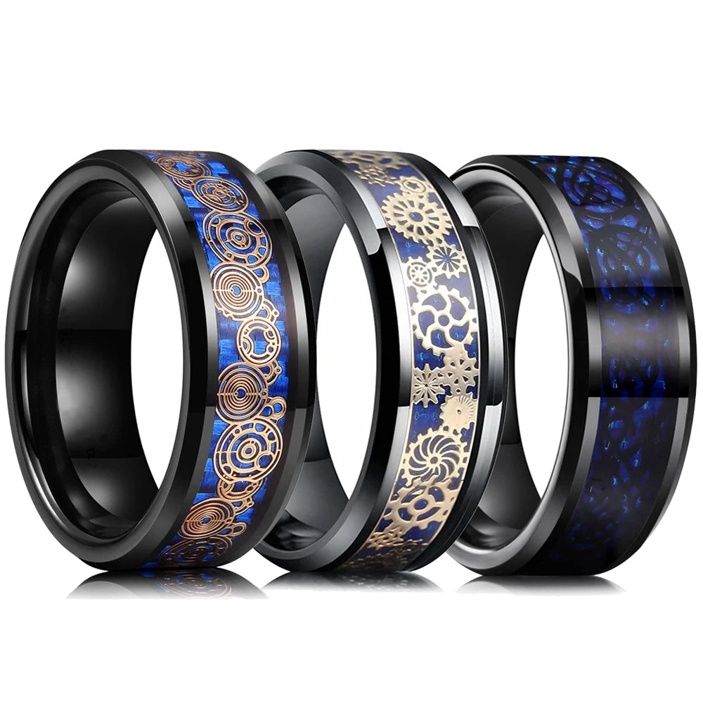 Black ring with blue and gold inlay on a white background