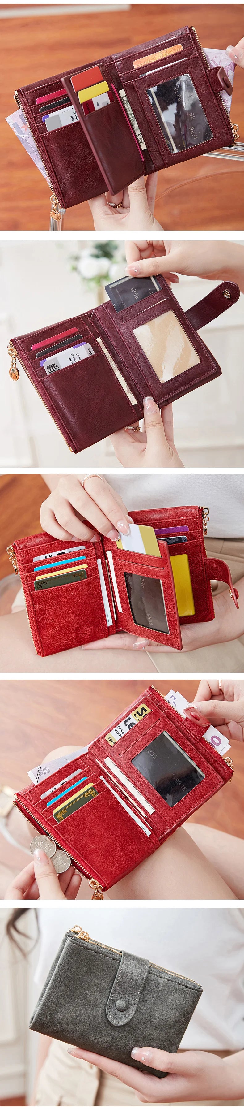 Collage of a red wallet being held open to show its interior compartments.