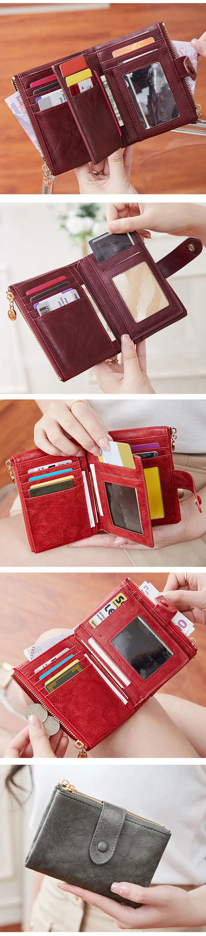 Collage of a red wallet being held open to show its interior compartments.