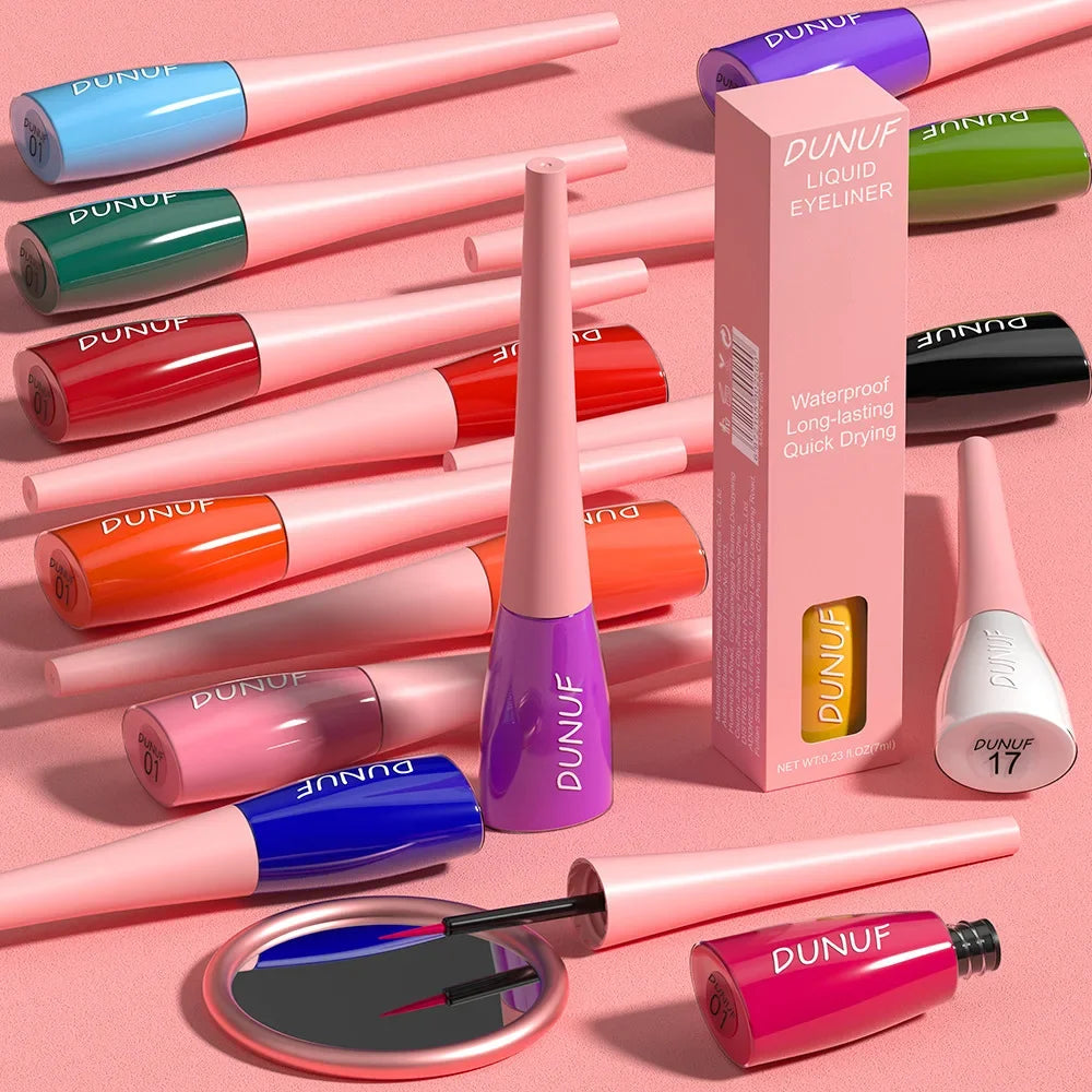 DUNUF liquid eyeliner with various colors on a pink background