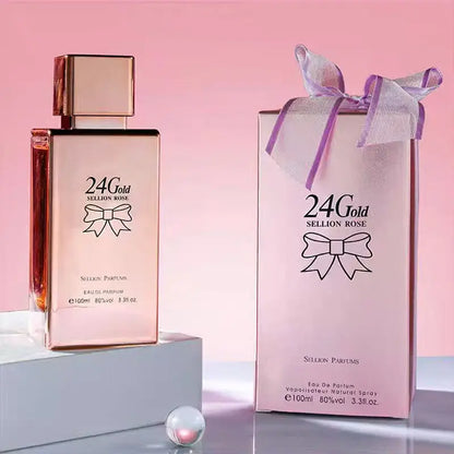 Perfume bottle and packaging with '24 Gold Sellen Rose' on a pink background