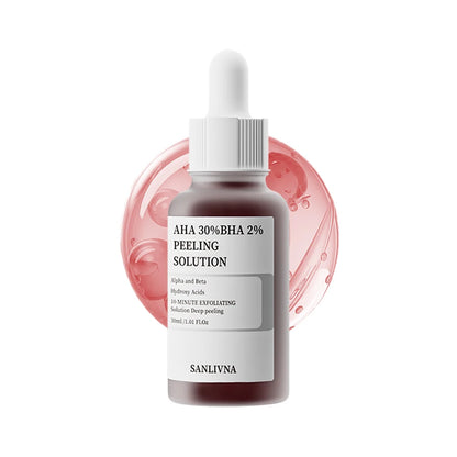 Bottle of AHA 30% BHA 2% peeling solution with a pink liquid background