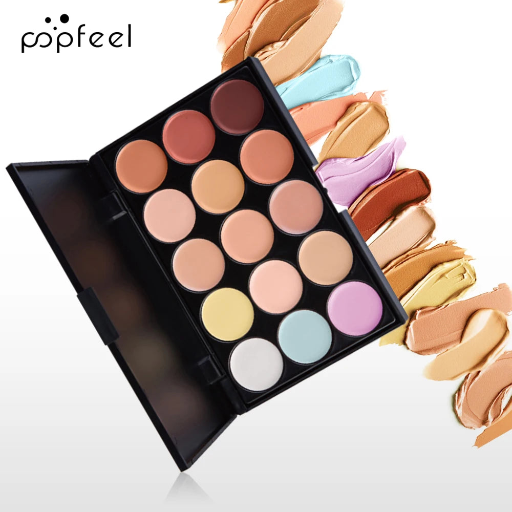 Makeup palette with various colors and 'popfeel' branding.
