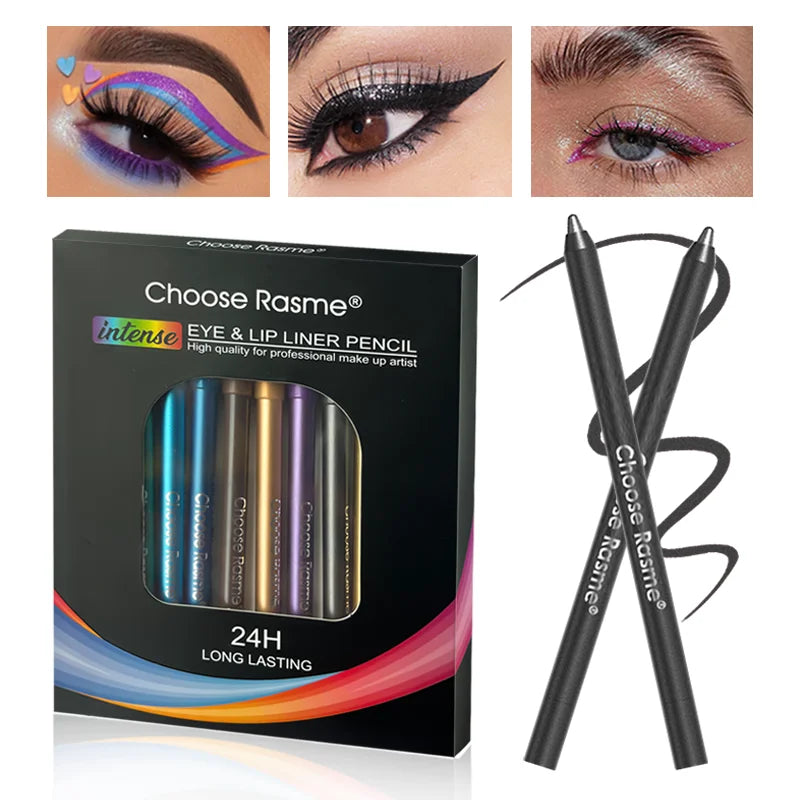 Choose Rasme eye and lip liner pencil with packaging and makeup application examples.