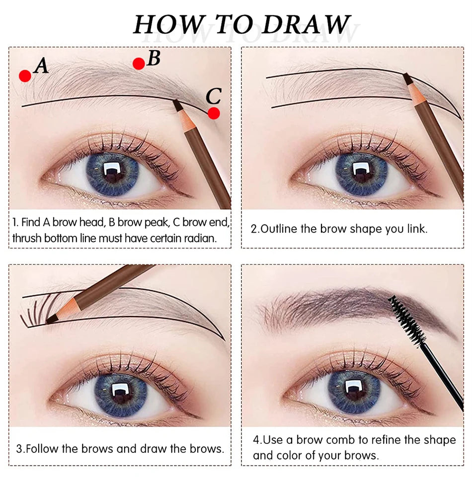 Step-by-step guide on how to draw eyebrows with a pencil and comb.