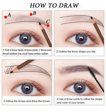 Step-by-step guide on how to draw eyebrows with a pencil and comb.