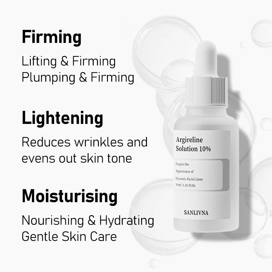 Skincare product with text highlighting firming, lifting, plumping, lightening, moisturizing, and skin care benefits on a white background.