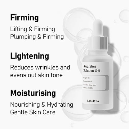 Skincare product with text highlighting firming, lifting, plumping, lightening, moisturizing, and skin care benefits on a white background.