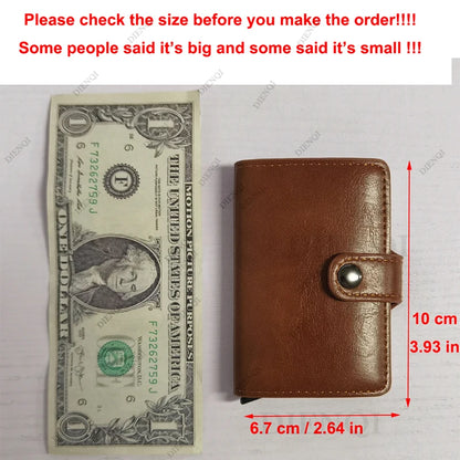 Brown leather wallet next to a one-dollar bill with measurements indicated