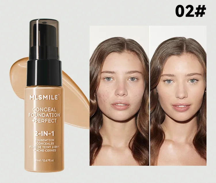 MLSmile 2-in-1 Conceal Foundation spray bottle with before and after effects on a model.
