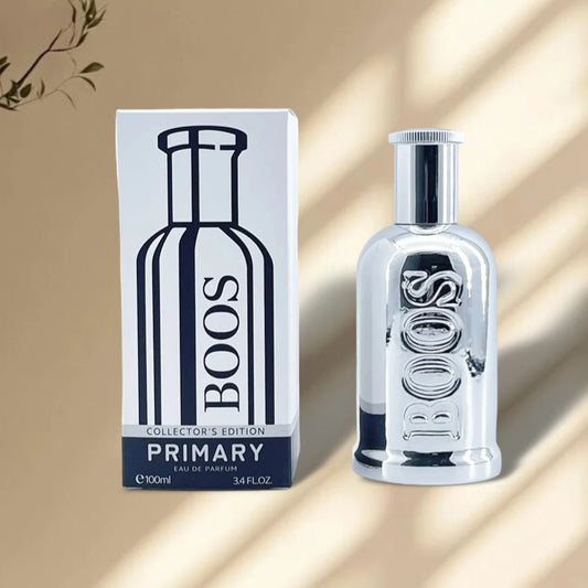 BOOS Primary perfume bottle and packaging on a beige background