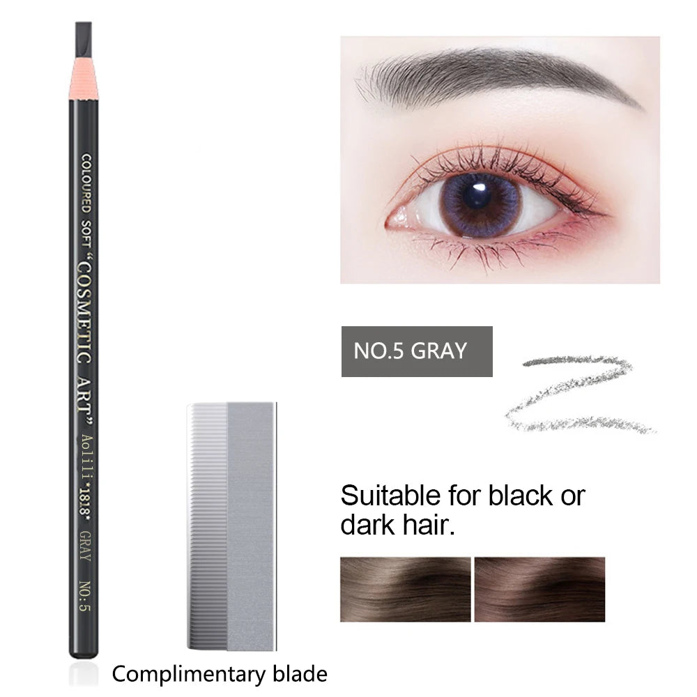 Cosmetic art product with gray color swatch, blade, and close-up of eye with gray hair color.