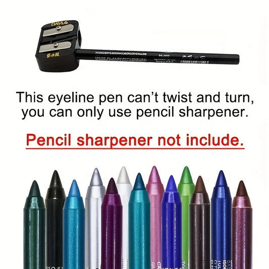 Eyeliner pen with pencil sharpener on a white background, accompanied by text indicating the pen's features and limitations.
