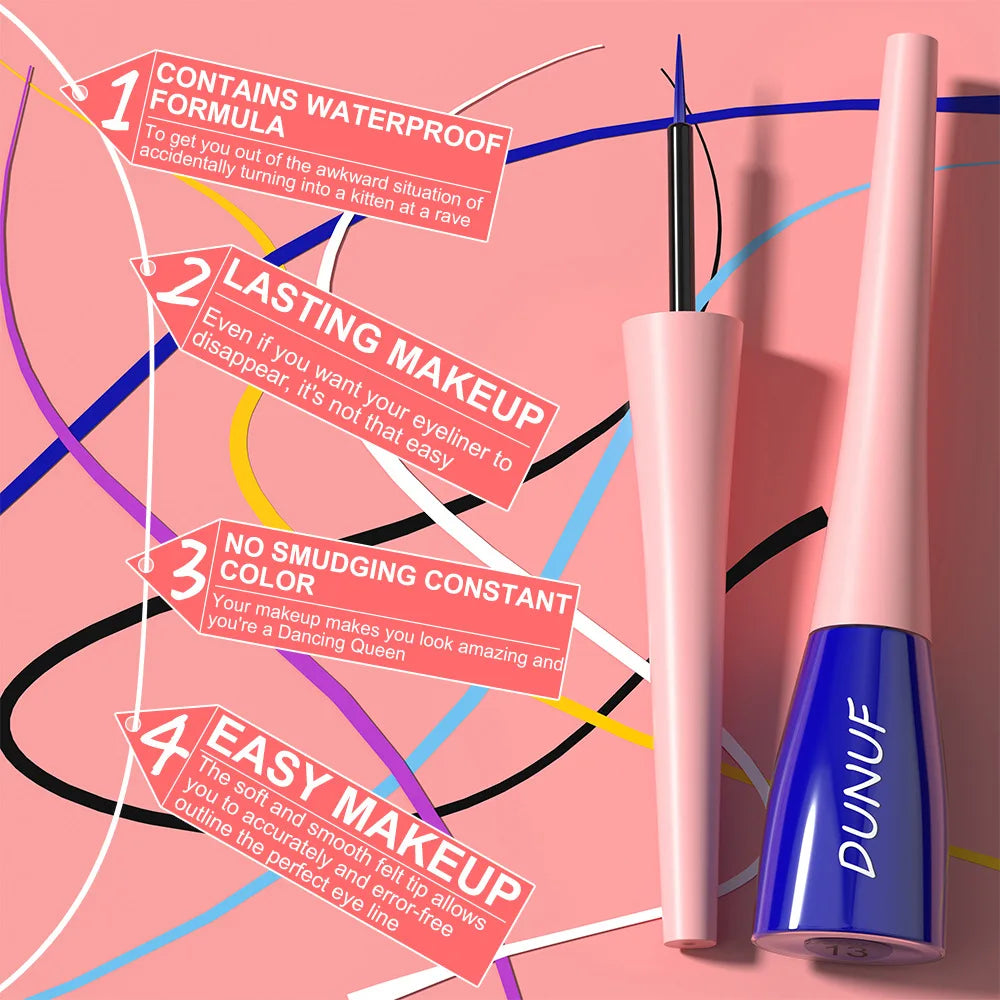 Dunuf eyeliner with product features on a pink background