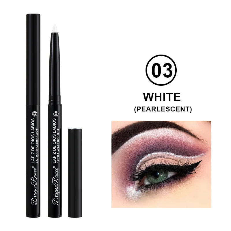 Two eyeliner pencils with a close-up of an eye wearing white eyeshadow labeled '03 White Pearlescent'.