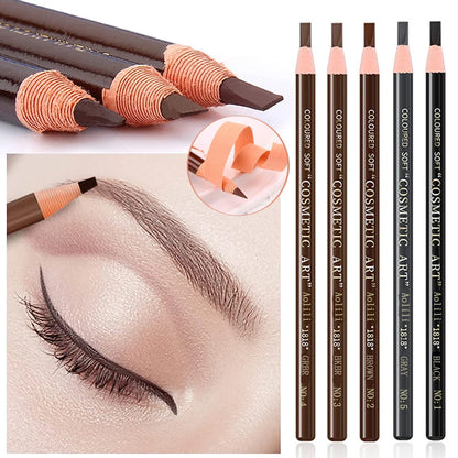 Cosmetic art eyebrow pencils with an eye close-up and additional pencils displayed.