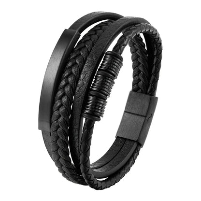 Black braided leather bracelet with metal accents on a white background
