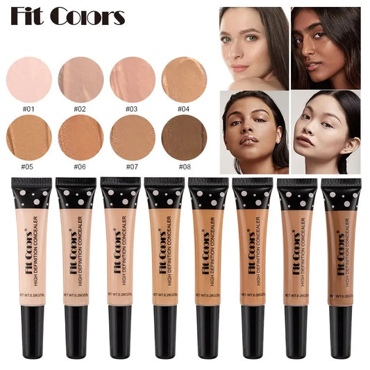 Fit Colors concealer shades with applicators and model faces.